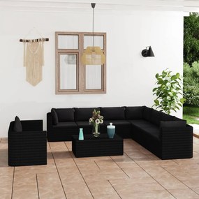 11 részes fekete polyrattan kerti bútorszett párnákkal