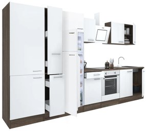 Yorki 360 konyhabútor yorki tölgy korpusz,selyemfényű fehér front alsó sütős elemmel polcos szekrénnyel és felülfagyasztós hűtős szekrénnyel