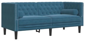 2 részes kék bársony Chesterfield kanapészett hengerpárnákkal