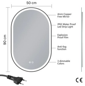 Erga Gwen, ovális LED tükör 50x90cm fekete fém keretben, 3 világos szín, elülső világítás, páramentes fűtőpárna, ERG-V01-GWEN-5090-BK