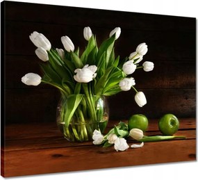 Vászonkép 50x40 Fehér tulipánok Sötét háttér