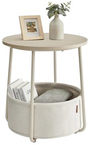 Kerek asztal, kis dohányzóasztal szövetkosárral, krémfehér