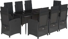 vidaXL 9 részes fekete polyrattan kerti étkezőgarnitúra párnákkal