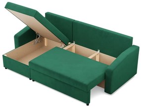 Zeus sarokkanapé, 2 ágyneműtartóval, döntött kartámasz, bársony, univerzális oldal, bonell töltet, zöld