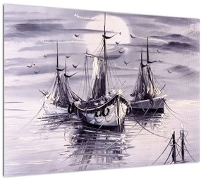 Kép - kikötő, olajfestmény (üvegen) (70x50 cm)