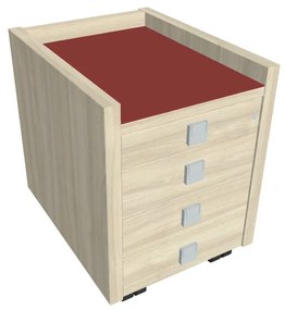 Verno mobil konténer 47 x 60 cm üveggel, 4 fiók, akác / piros