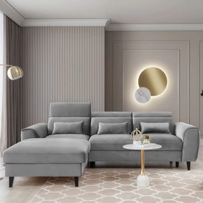 Szürke bársony kinyitható-tárolóhelyes sarokkanapé (bal oldali-heverő résszel) Foble – ELTAP