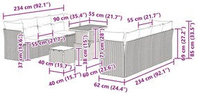 11 részes kerti kanapé készlet párnákkal szürke poli rattan akáciával, 3 részes kerti étkező készlet párnákkal szürke poli rattan akáciával