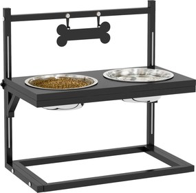 PawHut Emeltetett Kutya Tál Magasságban Állítható Étel Tál Állvánnyal Csontformájú Fém Lappal, 2 x 900ml Rozsdamentes Acél Tálak, Állítható Kutya Tál