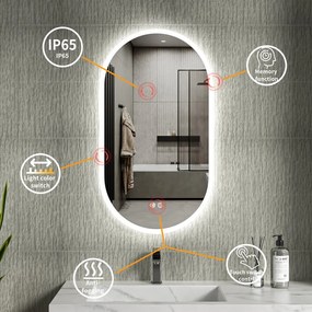 Erga Demi, ovális LED tükör 50x90cm, 3 fényszín, elülső világítás, páramentes fűtőpárna, ERG-V01-DEMI-5090-CL