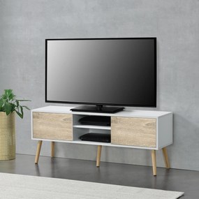 [en.casa] TV-állvány Eskilstuna 120x29,5x46,5 cm forgácslap tömör fa lábakkal fehér/tölgyfa hatású