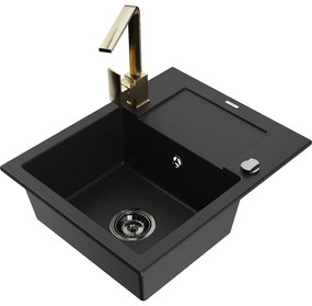 Mexen Enzo, gránit mosogató 576x465x174 mm, 1 kamrás, Rita arany csaptelep, fekete, 6506-77-670300-50-B