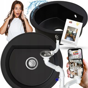 Mosogató Egymedencés Kerek Gránit Fekete Konyhai+ Szifon 6in1