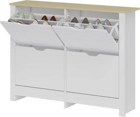 HOMCOM vékony cipős szekrény 4 lehajtható rekesszel – helytakarékos tároló akár 16 pár cipőnek, 105 x 26 x 80 cm (fehér/natúr) | Aosom