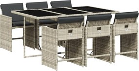 vidaXL 7 részes világosszürke polyrattan kerti étkezőszett párnával