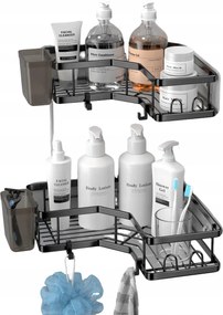 2db Függő sarok zuhanypolc fekete fúrás nélkül öntapadós