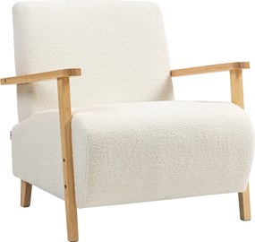 HOMCOM Karosszék háttámlával, karfákkal, kárpitozott pihenőszék Sherpa hatással, fából készült lábakkal, hálószobába, nappaliba, max. 120 kg-ig, Krémf