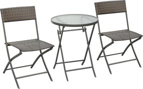 Outsunny Kerti Bútor Szett Asztal és 2 Rattan Szék, Összecsukható Üléssel és Üveg Asztallal Teraszra, Pavilonra Barna | Aosom