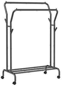 Nagy teherbírású ruhaakasztó,ruhaállvány kerekekkel és polccal, fekete