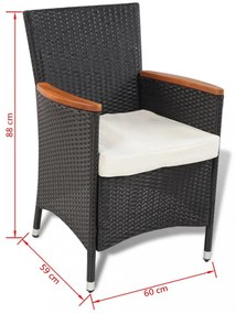 5-részes fekete polyrattan kültéri étkezőszett párnákkal