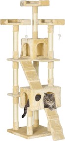 PawHut Macska Karcolófa Nagy 49x49x173 cm Több Szinttel, Barlangokkal, Lépcsőkkel, Lógó Játékokkal és Ágyakkal | Szizál Krém | Aosom
