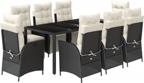 vidaXL 9 részes fekete polyrattan kerti étkezőgarnitúra párnákkal