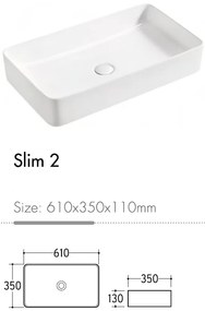 EROS SLIM 2 - PULTRA ültethető - Top Counter - porcelán mosdó - 61 x 35 x 11 cm