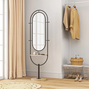 HOMCOM Ovális Szabadon Álló Tükör Fa Polccal, 4 Akasztóval, Fém Kerettel, Hálószobába, Nappaliba és Öltözőbe, 50 x 40 x 175.5 cm, Fekete | Aosom