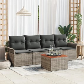 5 Darabos Kert Sofa Készlet Párnákkal Szürke Poli Rattan Akác, 2-Személyes Kert Sofa Tárolóval és Párnákkal Szürke Poli Rattan