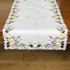 Fehér asztalterítő tavaszi virágokkal Szélesség: 40 cm | Hosszúság: 85 cm