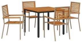 5 Darabos Kerti Étkezőkészlet Bézs Poli Rattan Akácia, Rakható Kerti Székek Párnával - 2-es Készlet Bézs Poli Rattanban, Kerti Asztal 90x90x75 cm Szilárd Akácfából és Fém