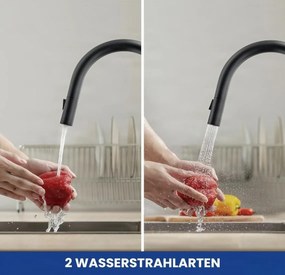 Konyhai csaptelep EYN KL1109 kihúzható, többféle vízsugarú zuhanyfejjel, több színváltozatban — Matt fekete — Nagynyomású – 2 csöves csatlakozás