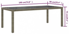 szürke polyrattan és edzett üveg kerti asztal 190 x 90 x 75 cm