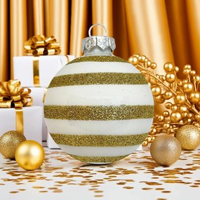 Gold glitter stripe fehér-arany kézzel festett üveg karácsonyi gömb szett 6*7cm