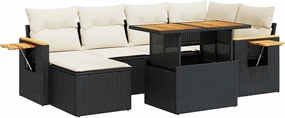 vidaXL 7 részes fekete polyrattan akácfa kerti ülőgarnitúra párnával