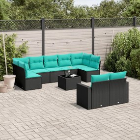 10 részes fekete polyrattan kerti ülőgarnitúra párnával