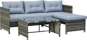 Outsunny Kerti Látványfogadó Szett 2-Fős Kanapéval, Kádban Fekvő Részével és Kávézóasztallal, PE Rattan és Üveg Kerti Szett Párnákkal, Szürke | Aosom