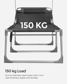 Összecsukható napozóágy napellenzővel 53 x 193 x 29,5 cm, 150 kg-ig terhelhető, sötétszürke