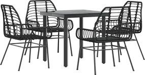 vidaXL 5 részes fekete polyrattan üveg kerti étkezőgarnitúra