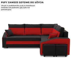 Grande sarokkanapé polcokkal és puffokkal , polc a bal karfaban puffok a jobb karfaban, jobboldali, szövet anyag, bonell töltet, fekete - piros