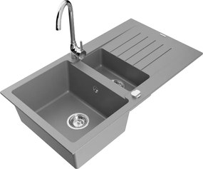 Mexen Matias gránit mosogató, 1,5 medencés, csepegtetős, Telma konyhai csapteleppel, szürke - 6502-71-670200-00