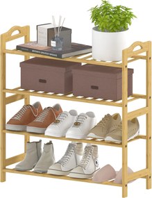 HOMCOM 4-Szinű Bambusz Cipőállvány 12 Pár Cipőhöz Előtérbe, Folyosóba vagy Hálószobába 67.5x24.7x72 cm Természetes Fa | Aosom