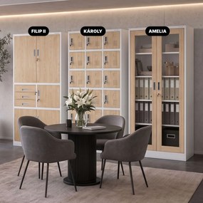 Fém irodai szekrény széffel, fehér, sonoma tölgy, 900x1850x400 mm: FILIP II Eco Design
