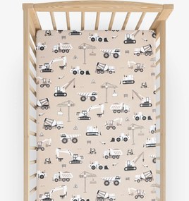 Goldea gyerek gumis pamut lepedő kiságyba - teherautók és markolók bézs alapon 70 x 140 cm