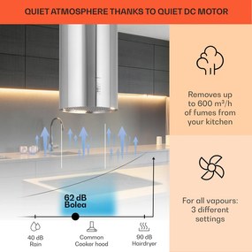 Klarstein Bolea, sziget páraelszívó, Ø 38 cm, recirkulációs/elszívás üzemmód, 600 m³/ó, LED, aktívszén szűrőkkel