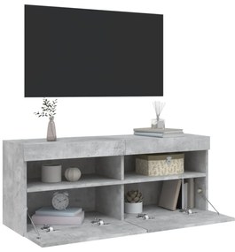 betonszürke falra szerelhető TV-szekrény LED-del 100x30x40 cm