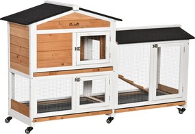 PawHut Természetes Fa Nyúlketrec 157,4x53x99,5 cm Nagy Ketrec Kerekekkel, Aszfalttető, Kivehető Tálca és Lejáró Kültéri Használatra | Aosom