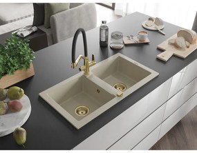 Mexen Mario, gránit mosogató 820x436x161 mm, 2 kamrás és Duo mosogató csaptelep, bézs, 6504-69-671701-57-G