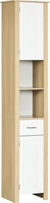 Kleankin Fürdőszobai Oszlop, Magas Chipboard Fürdőszobai Szekrény Fiókkal, 2 Szekrény és 2 Állítható Nyitott Polc, 37x30x184 cm, Fehér és Fa Szín | Ao