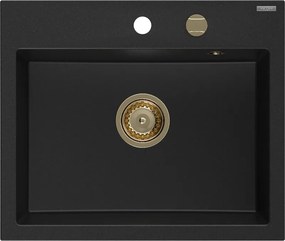 Mexen Oscar 1-kamrás gránitmosogató 580 x 490 mm, fekete, arany szifonnal - 6519581000-77-G